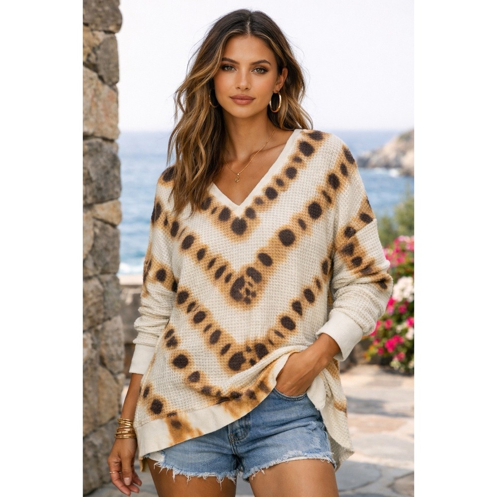 XCVI Tie Dye Waffle Knit Sweater L NWT | Leopard V-Neck Oversized Boho Top
